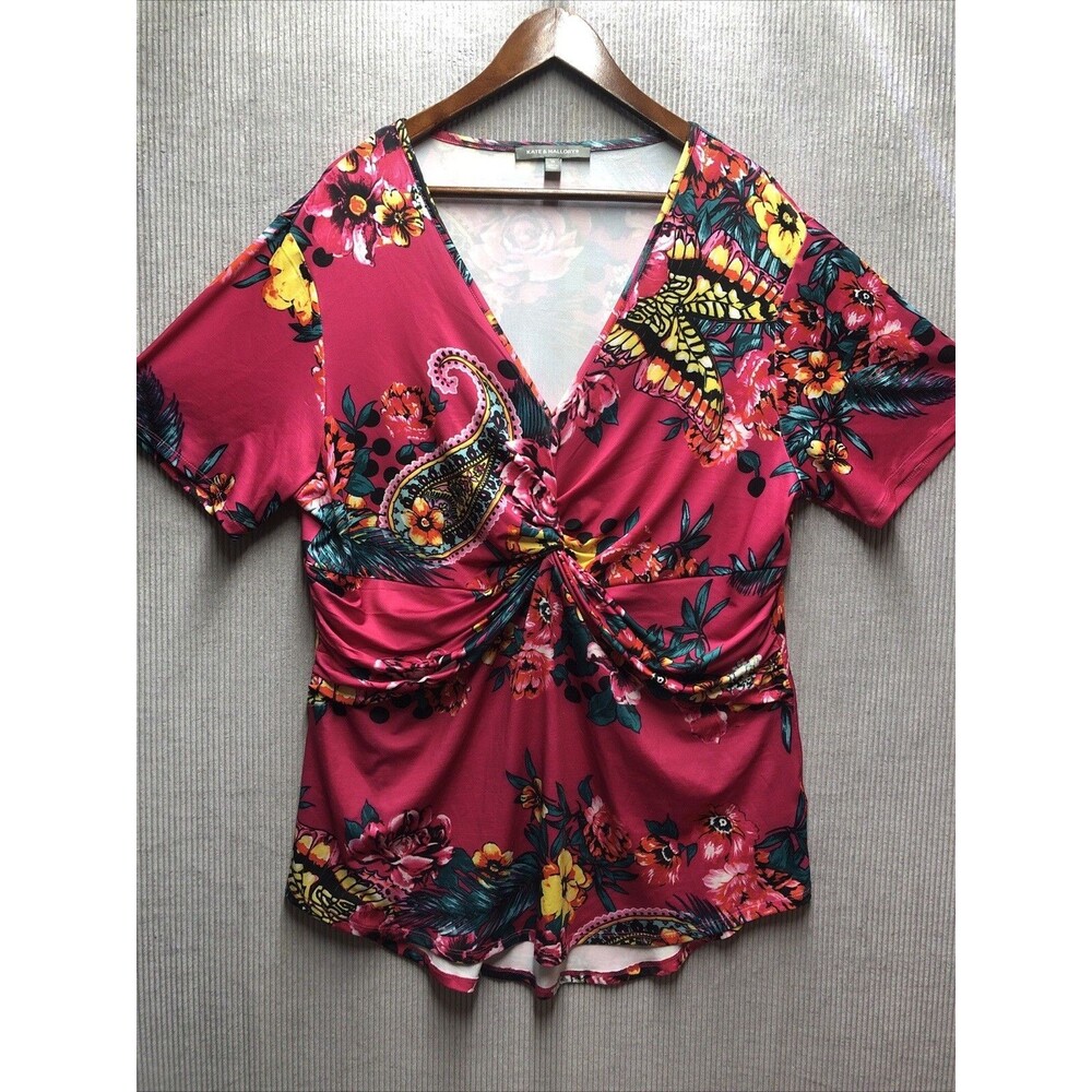 Kate & Mallory Top Size 1X Pink Floral Paisley Tunic V Neck Short Sleeve